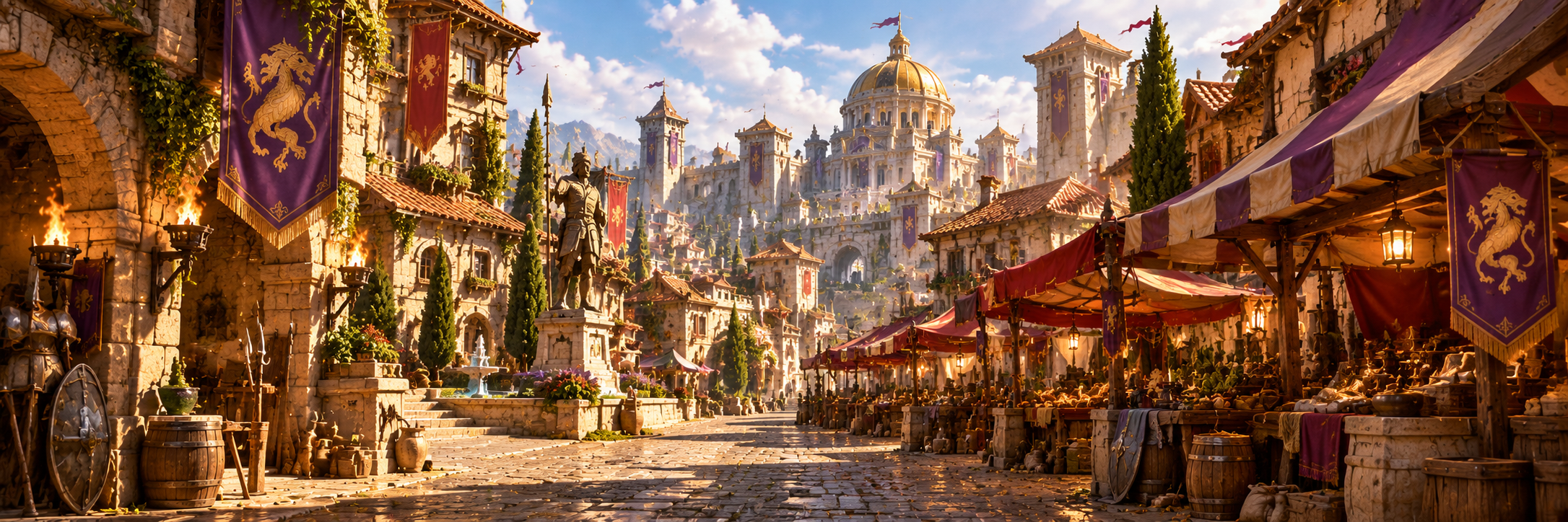 Ciudad medieval de SGS: calle empedrada, tenderetes, pendones morados con dragones dorados y Capitolio al fondo.